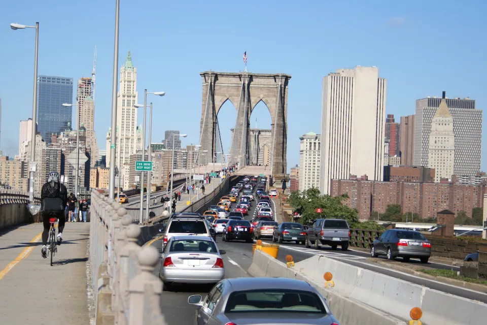 Traffic on the Brooklyn Bridge.